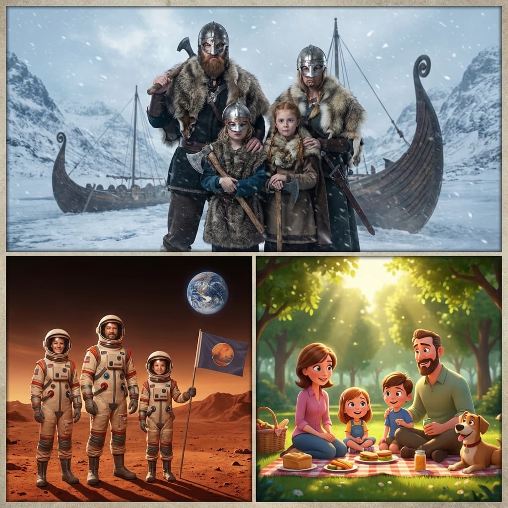 Collage de ideas creativas: Vikingos, Astronautas, Pixar