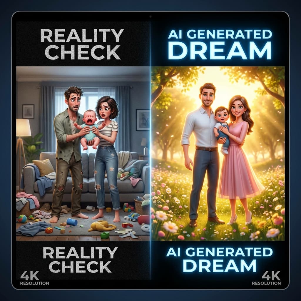 Foto familiar caótica de la vida real vs Foto familiar perfecta con IA