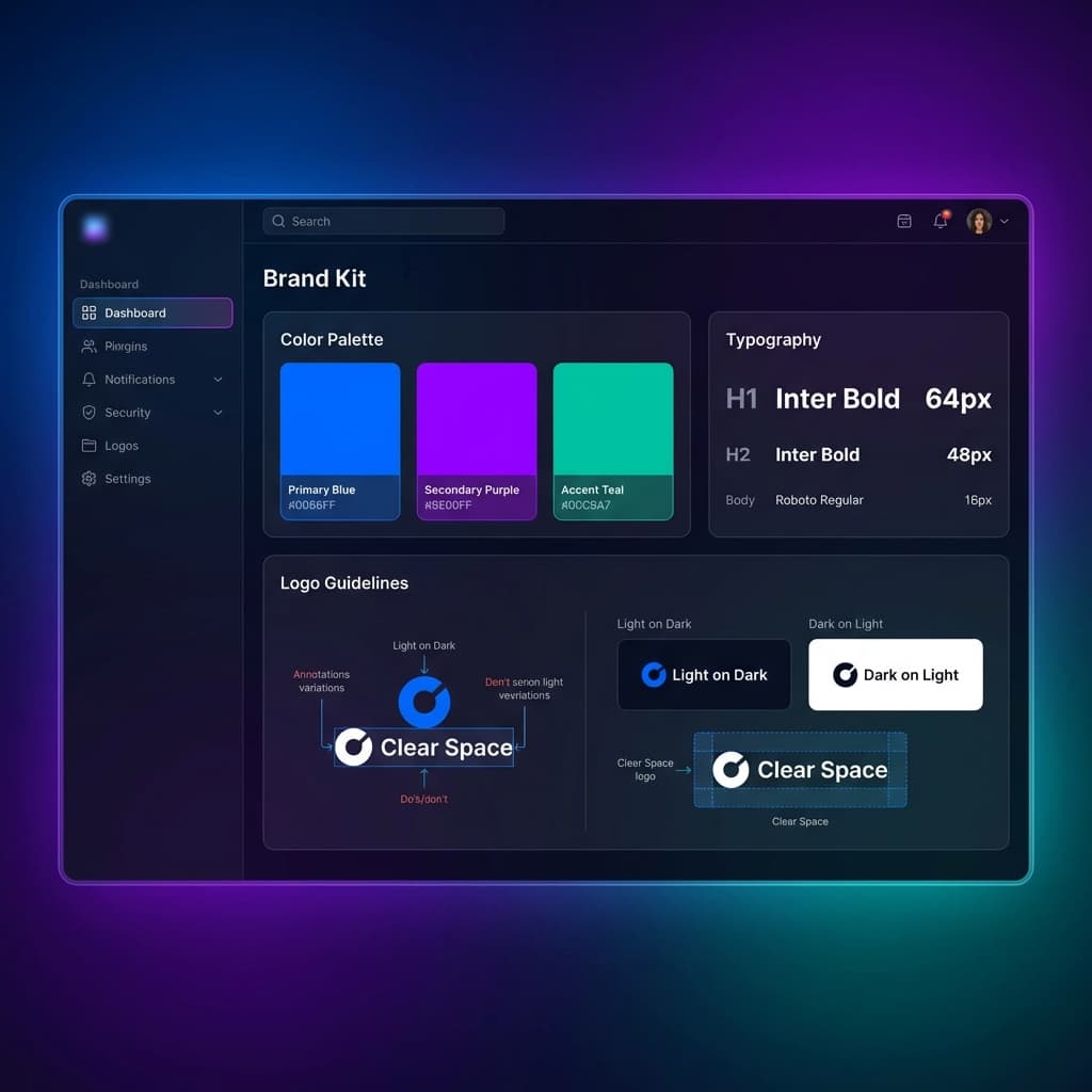 FlowVideo Brand Kit-Interface mit Farbpalette und Typografie-Einstellungen