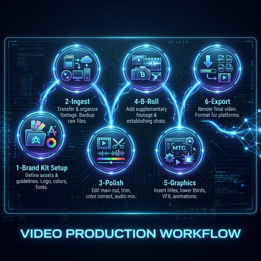6-Schritte professioneller Video-Workflow-Diagramm