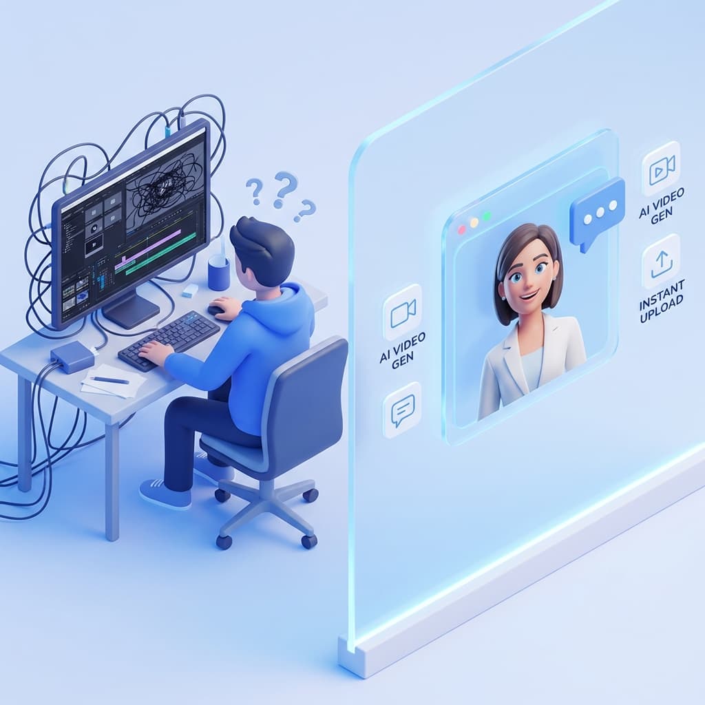 数字内容创作者困惑的表情与流畅的AI界面对比